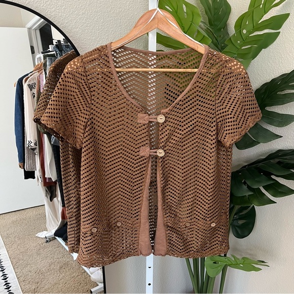 Source Unknown Tops - ✨ Boho Brown Crochet Button Front Blouse L | Lightweight Textured Mesh Top